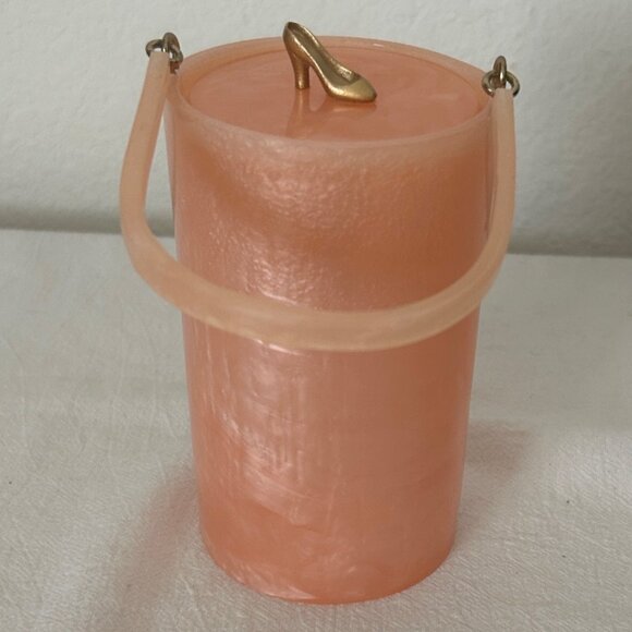 VINTAGE Small Cylinder Pink Swirl Plastic Mini Purse Evening Bag w/ Gold Shoe - Picture 1 of 12